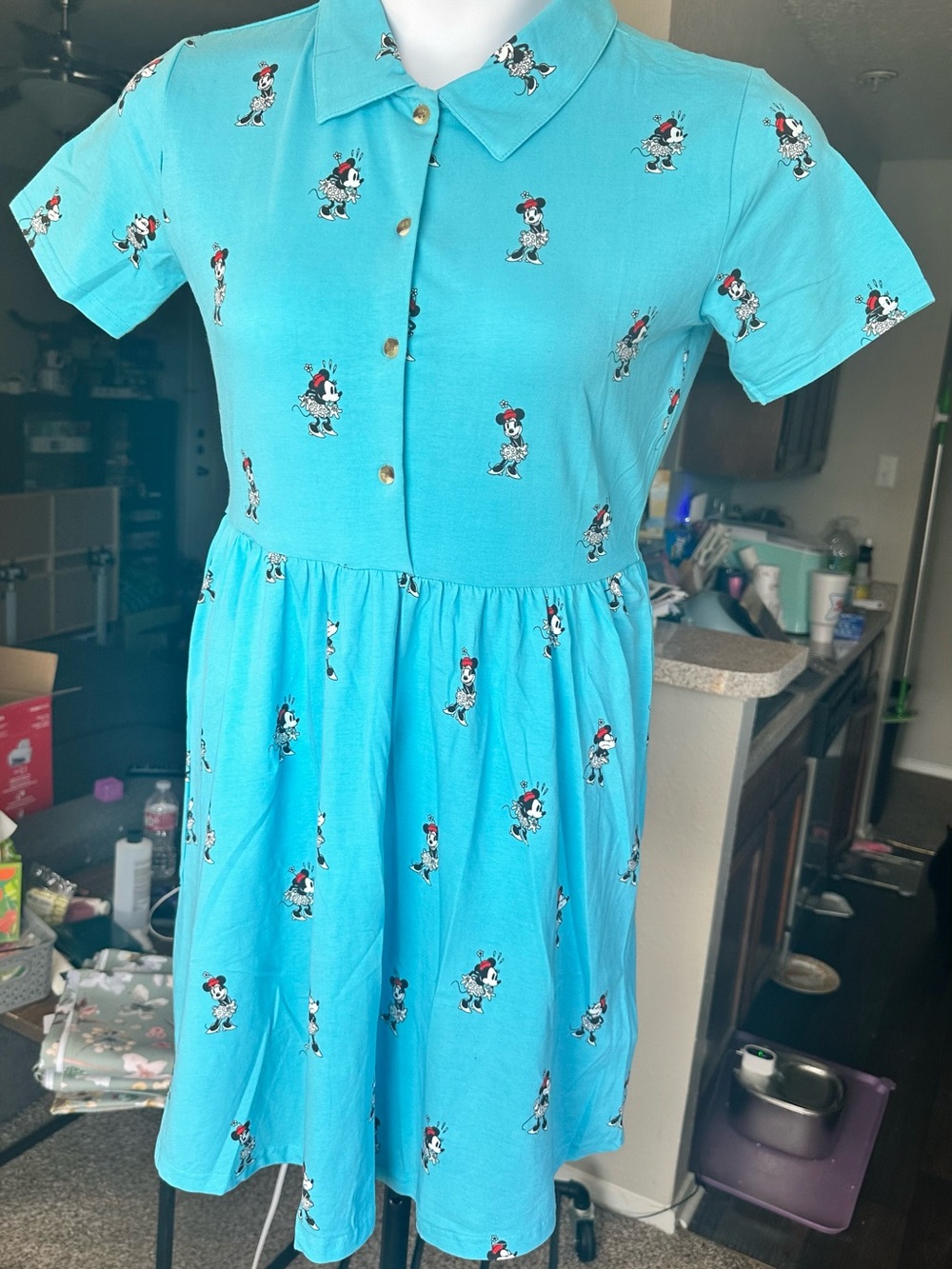Unique Vintage Turquoise Button-Front Collared Midi Dress